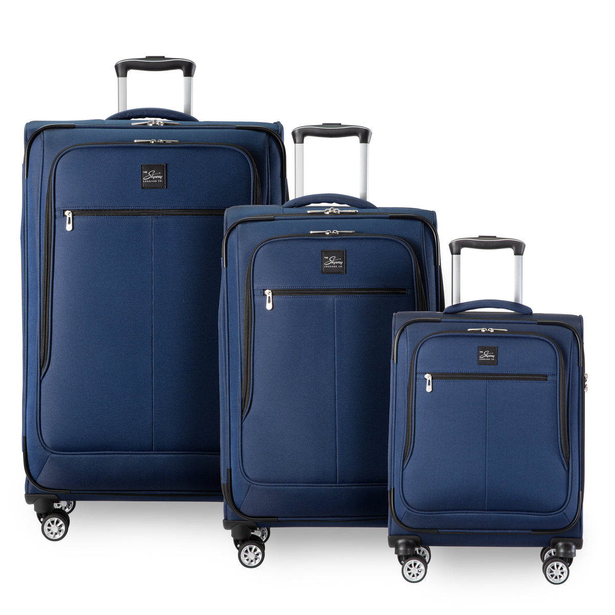 Skyway Flair 2.0 3-Piece Luggage Set: three blue upright suitcases with expandable designs, handles, and wheels.