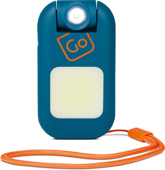 Product Image – Go Travel Floodlight Wearable Torch: blue, white LED, orange strap, USB-C, "Go" label. By Go Travel.
