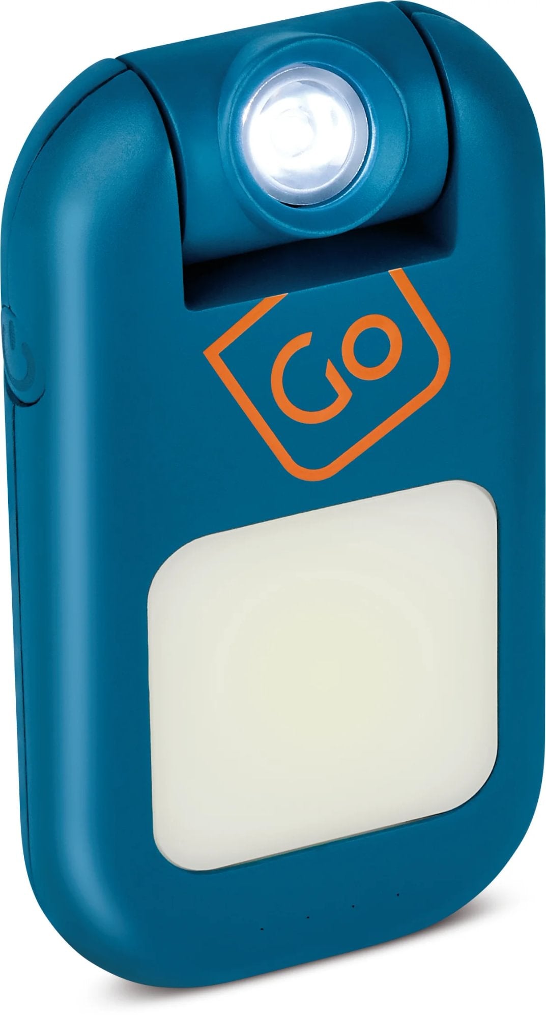 The Go Travel Floodlight Wearable Torch is a blue, USB-C rechargeable LED with "GO" logo, small top & front flood light.
