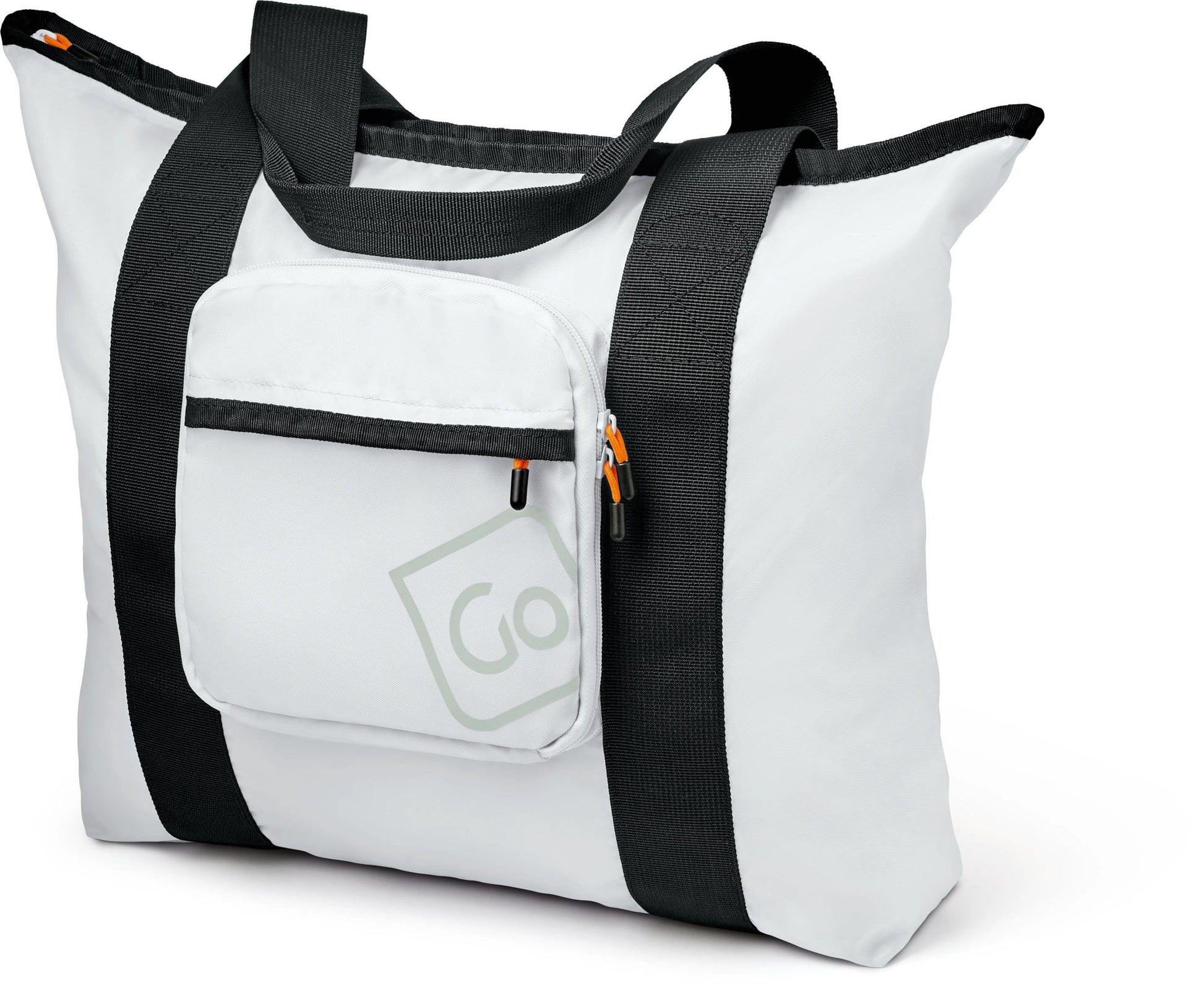 Go Travel Lightweight Foldaway Tote Bag: white, eco-friendly, black straps, front zip pocket with "Go" logo.