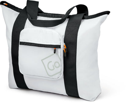 Go Travel Lightweight Foldaway Tote Bag: white, eco-friendly, black straps, front zip pocket with "Go" logo.