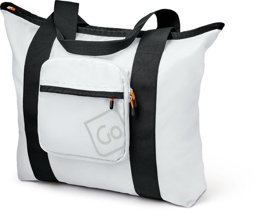 Product Image – Go Travel Lightweight Foldaway Tote Bag: white, eco-friendly, black straps, front zip pocket with "Go" logo.