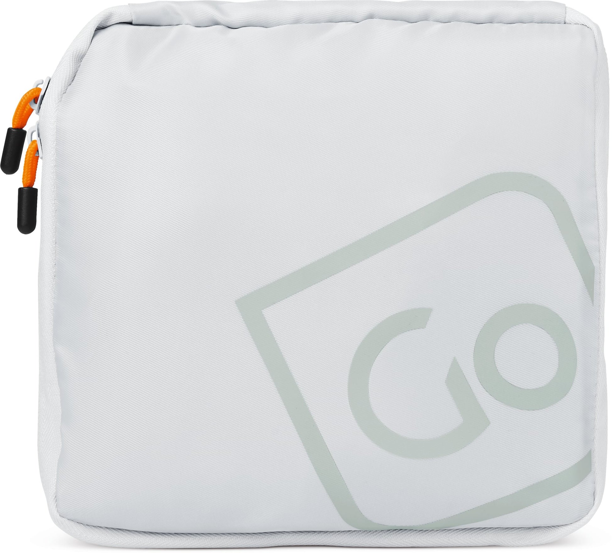 Go Travel Lightweight Foldaway Tote Bag—square, light gray, eco-friendly with "Go" logo and orange/black zipper pulls.