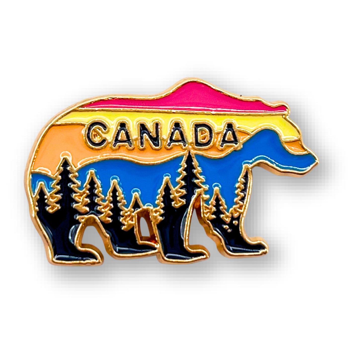 Northern Icons Wild & Free Canada Bear Enamel Pin—a colorful, adventurous accessory for wilderness lovers.