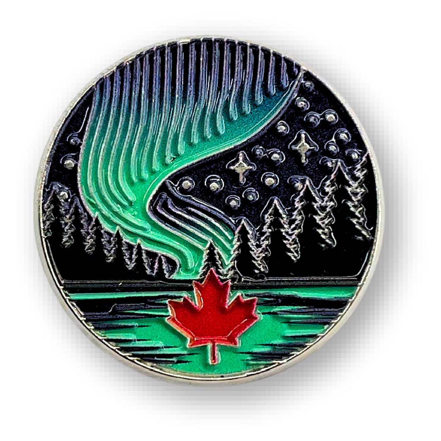 Northern Icons Aurora Canada Enamel Pin features pine trees, a red maple leaf, stars, and lake at night.