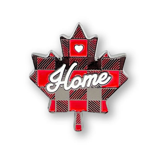 Product Image – The Northern Icons Plaid Maple Home Enamel Pin—perfect as a Canadian souvenir or gift.