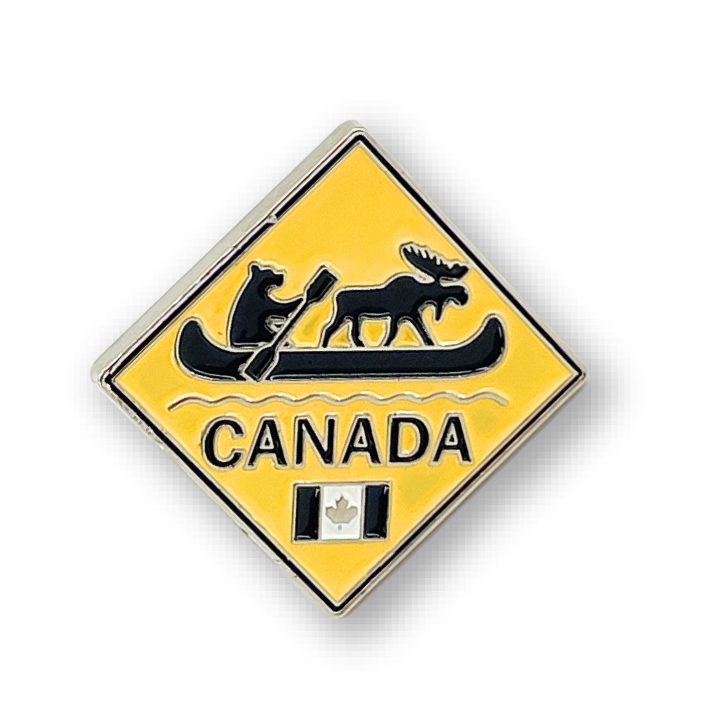 Northern Icons Canada Wilderness Crossing enamel pin features a bear, moose in canoe, "Canada," and tiny flag.