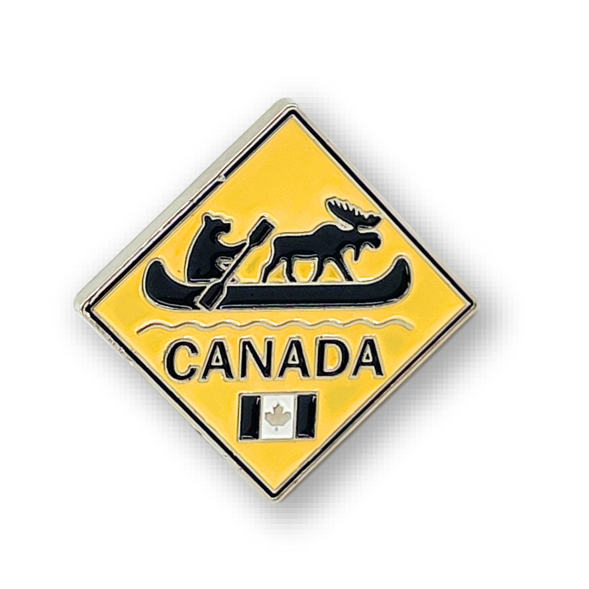 Northern Icons Canada Wilderness Crossing enamel pin features a bear, moose in canoe, "Canada," and tiny flag.