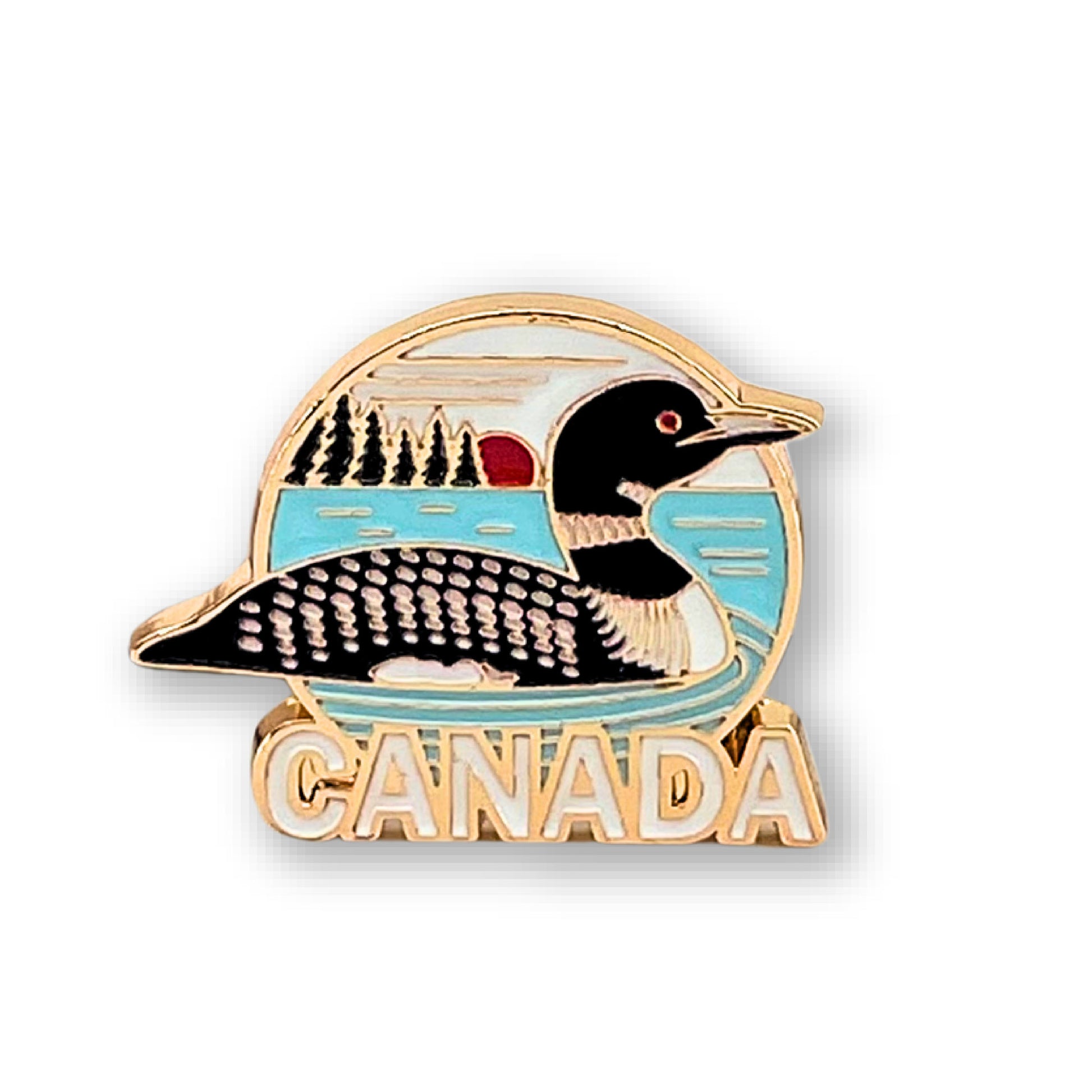 Northern Icons Twilight Loon Enamel Pin—a gold-accented Canadian accessory with loon, lake, and sunset.