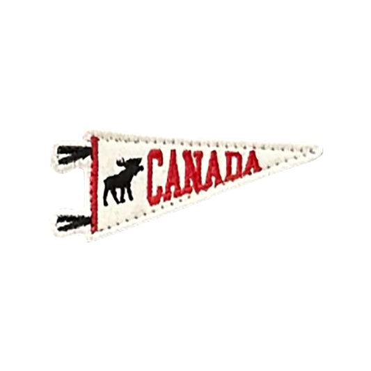 Product Image – Northern Icons Canada Moose Pennant iron-on patch features a black moose and bold red "Canada" embroidery.