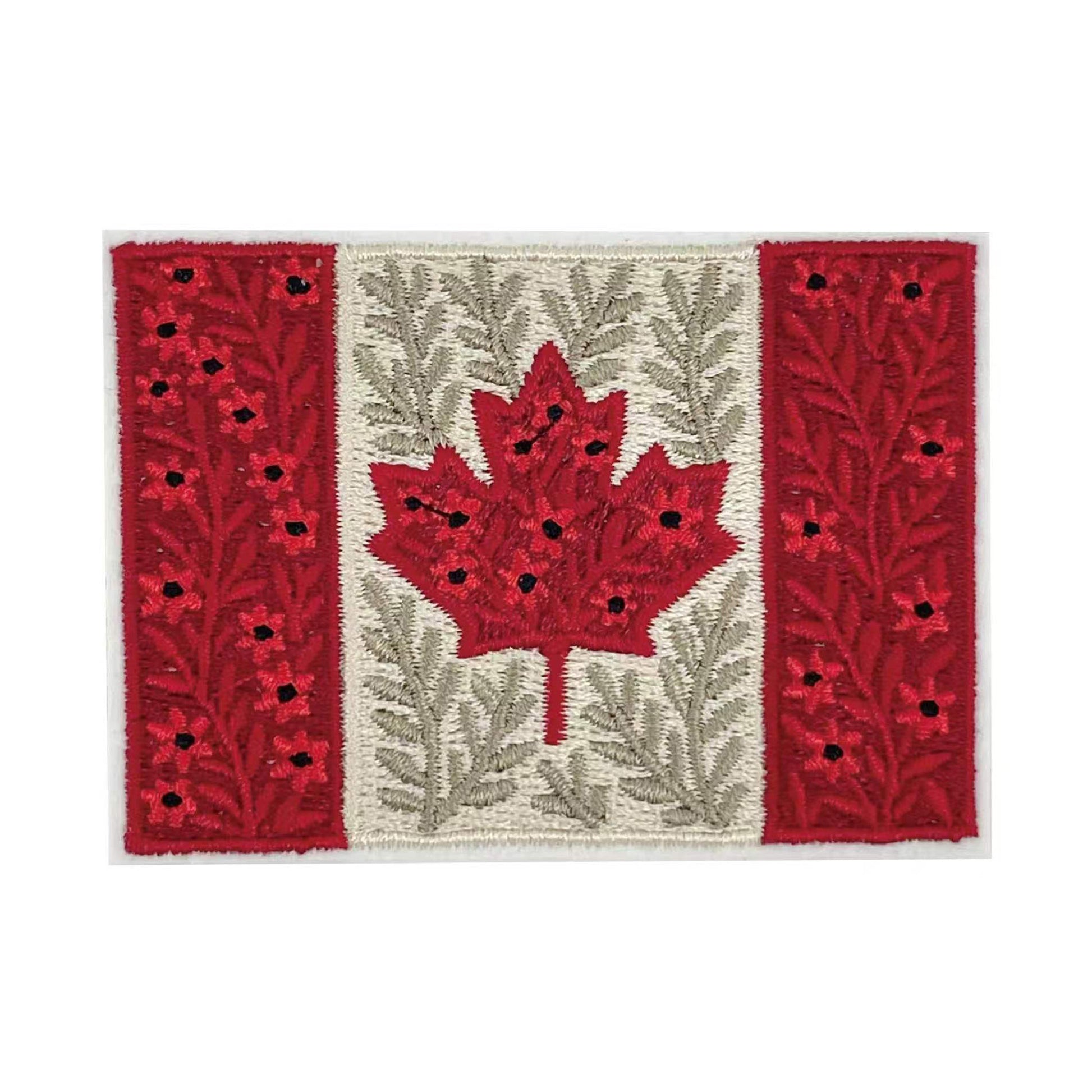 Northern Icons Canada Floral Flag Patch: iron-on embroidered maple leaf & poppy, quality fabric design.