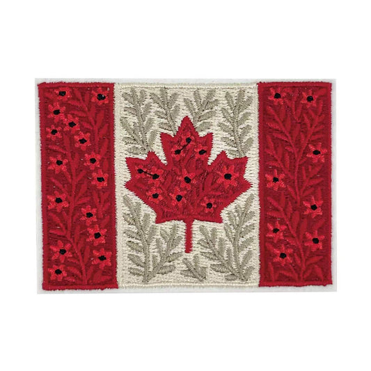 Product Image – Northern Icons Canada Floral Flag Patch: iron-on embroidered maple leaf & poppy, quality fabric design.