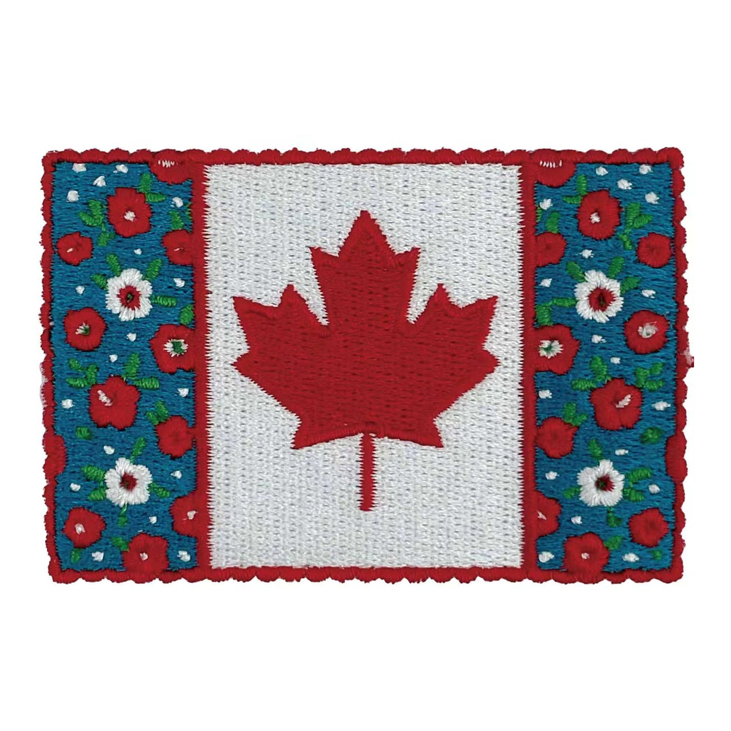 Northern Icons Canada Flag Floral Patch with floral border and bold maple leaf, iron-on embroidery.
