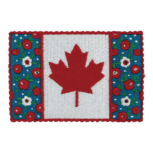 Product Image – Northern Icons Canada Flag Floral Patch with floral border and bold maple leaf, iron-on embroidery.