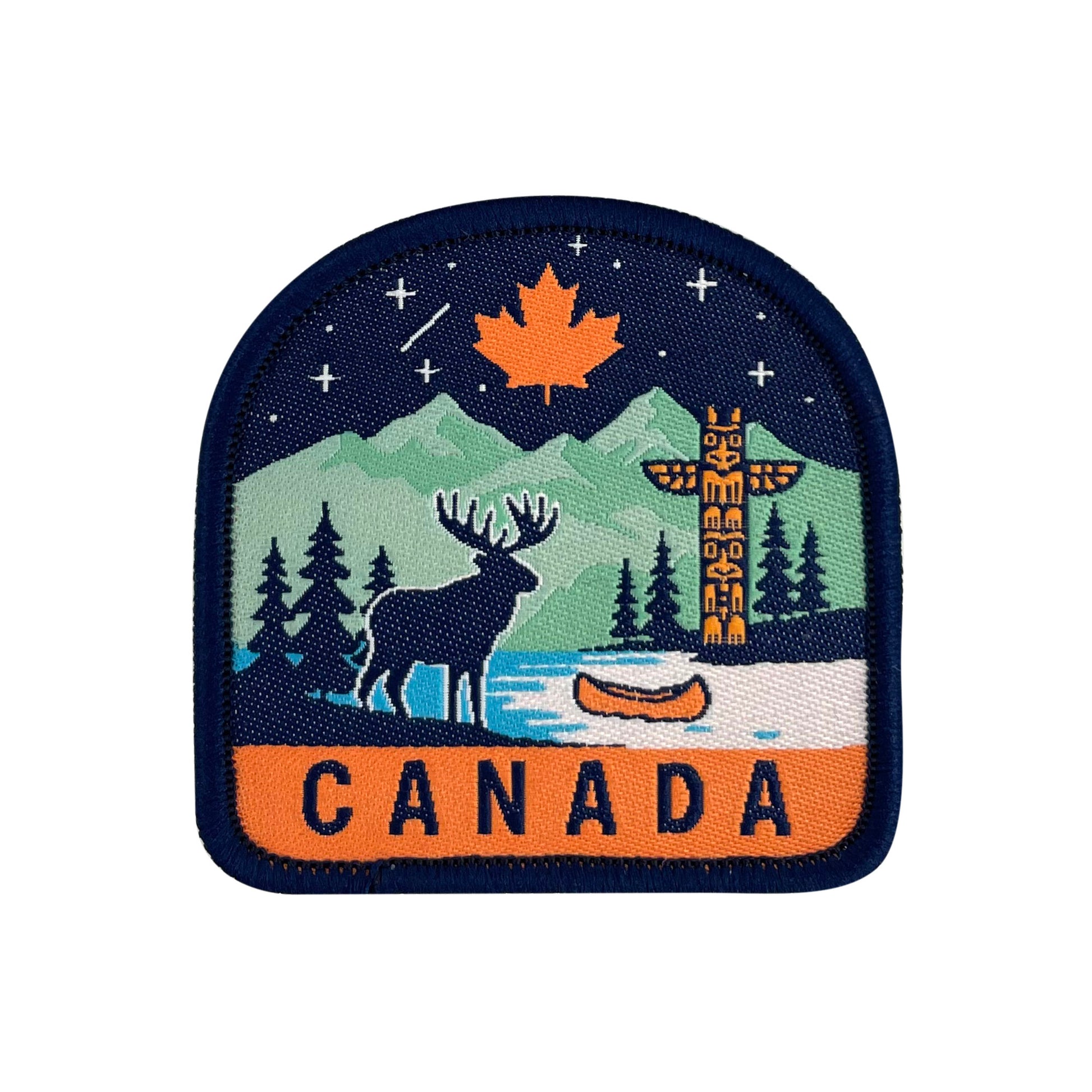 Canada Night Sky Icons Embroidered Patchfeatures a maple leaf in the night sky with a totem pole, canoe, and moose in this mountain view.