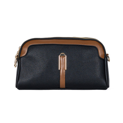 Miss Caprice Double Zip Crossbody, black with tan faux leather details and gold accents, front view.
