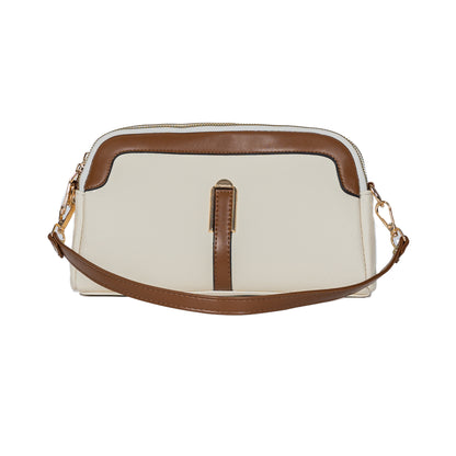Miss Caprice Double Zip Crossbody, cream with tan faux leather details and gold accents, front view.