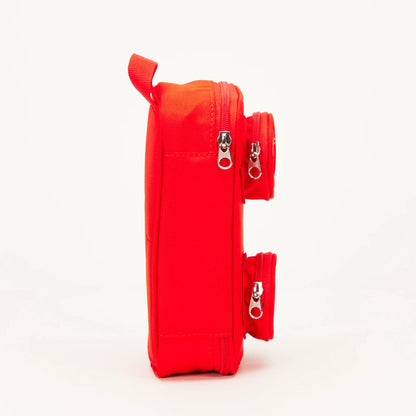 Side profile of a red LEGO® Brick Simple Pouch - ONLINE ONLY with two small circular zippered front compartments.