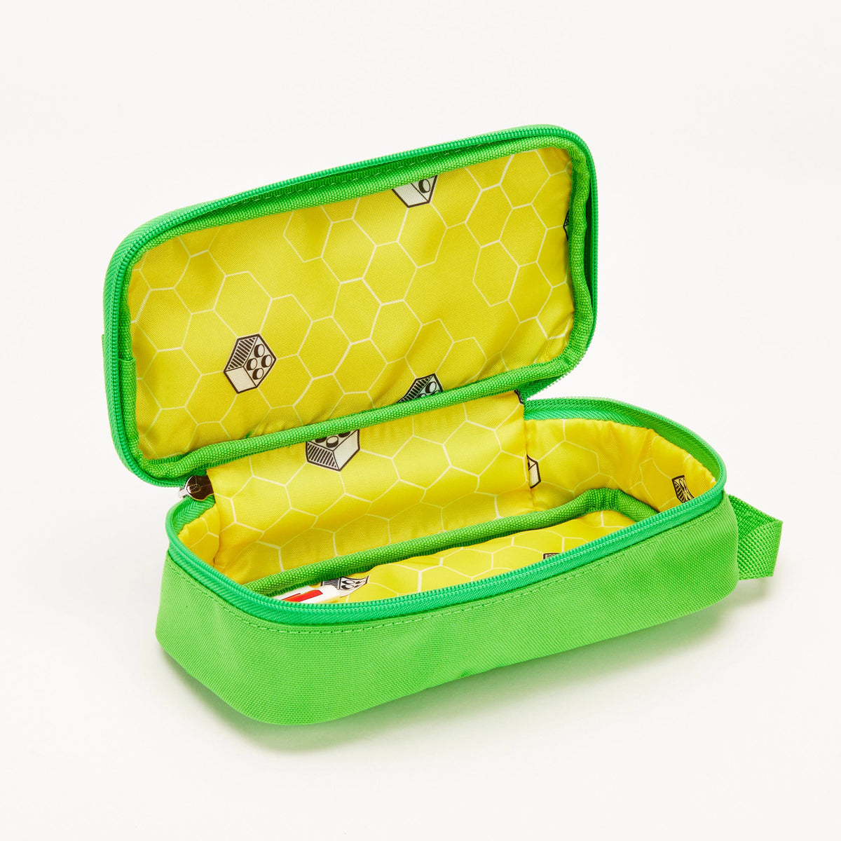 LEGO® Brick Simple Pouch in green with a yellow interior featuring a white honeycomb and building block pattern.