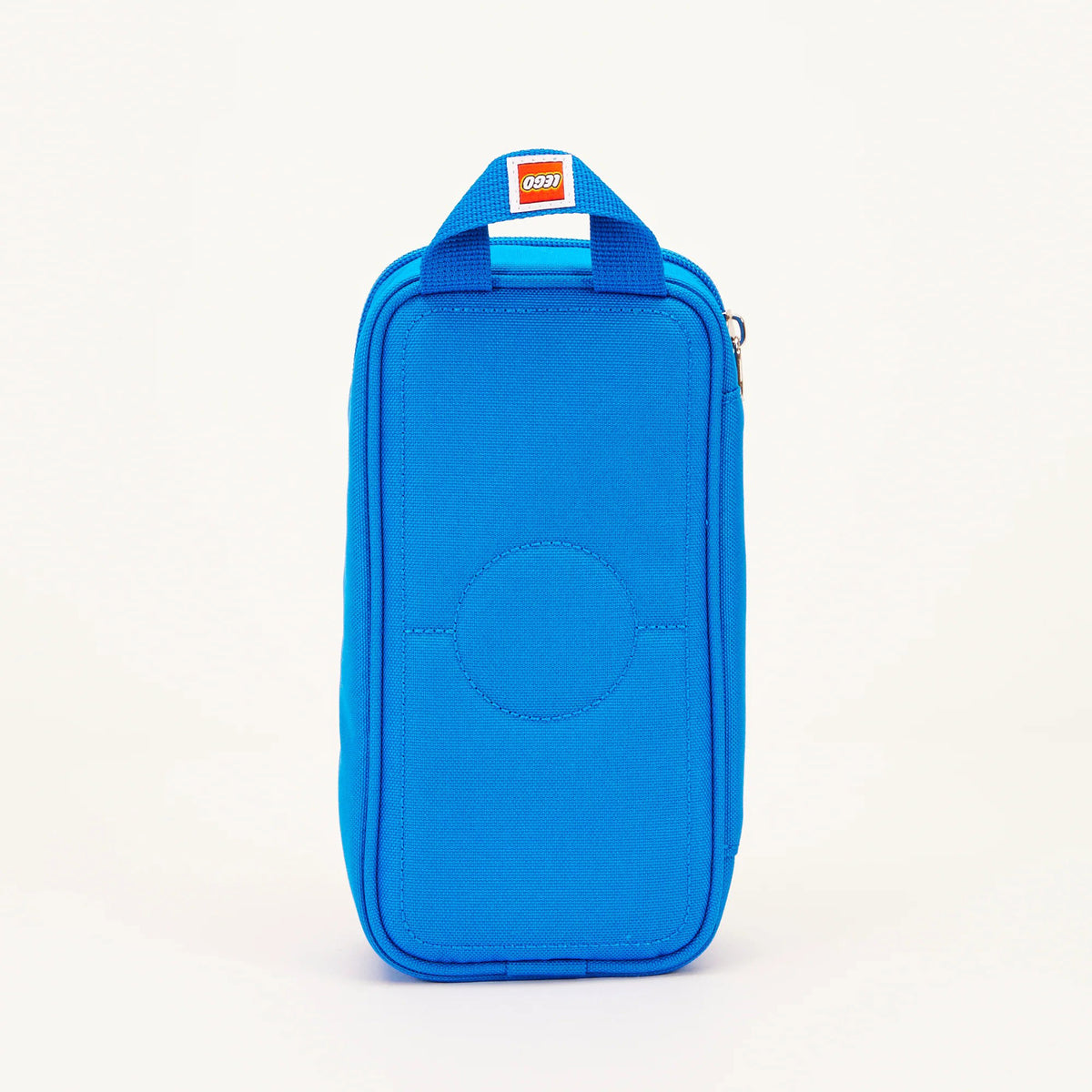 Blue rectangular LEGO® Brick Simple Pouch with a circular detail on the front and a carrying handle.