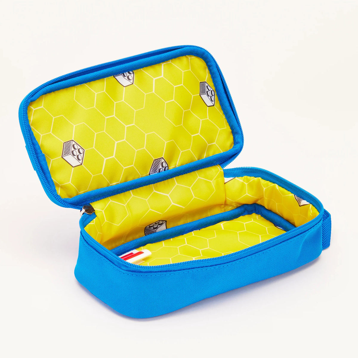 Open blue LEGO® Brick Simple Pouch with a yellow honeycomb and building block pattern interior.