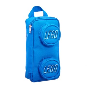 Blue rectangular LEGO® Brick Simple Pouch with two circular front compartments embossed with text.