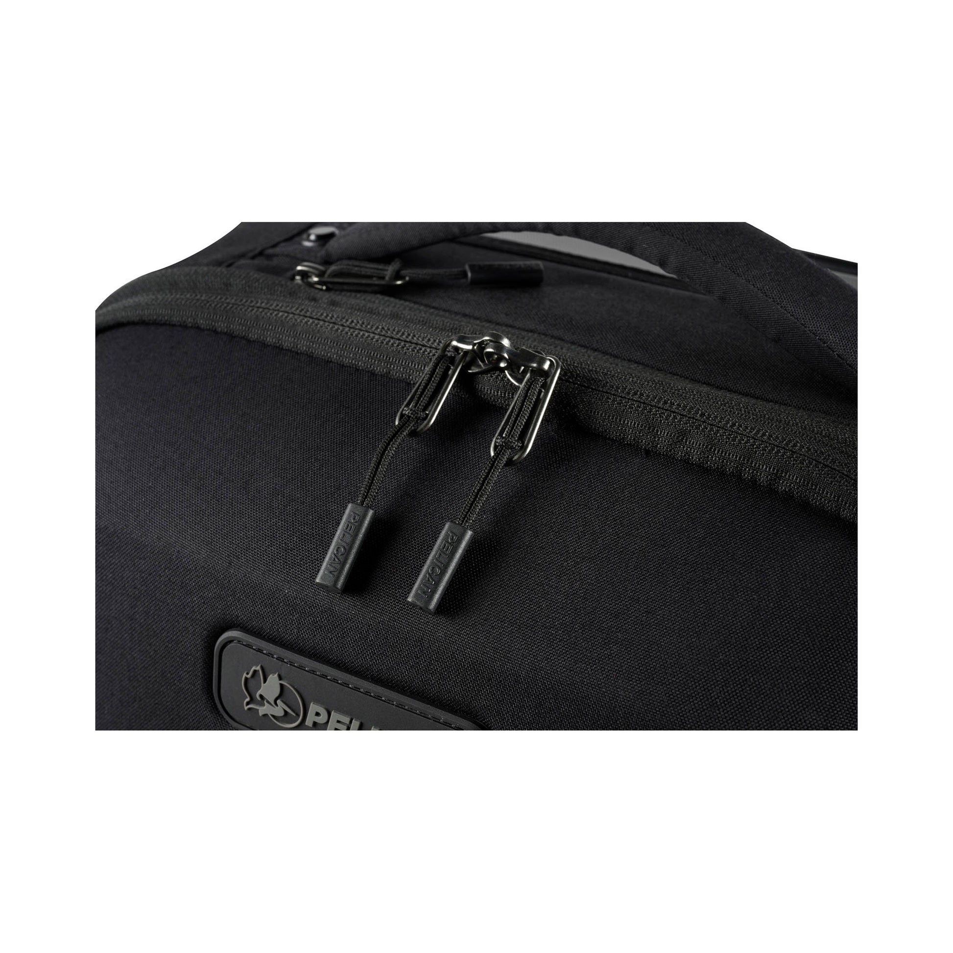 Pelican™ Aegis Carry-on 4-Wheel Hybrid Duffel, black, close up of lockable zipper pulls.