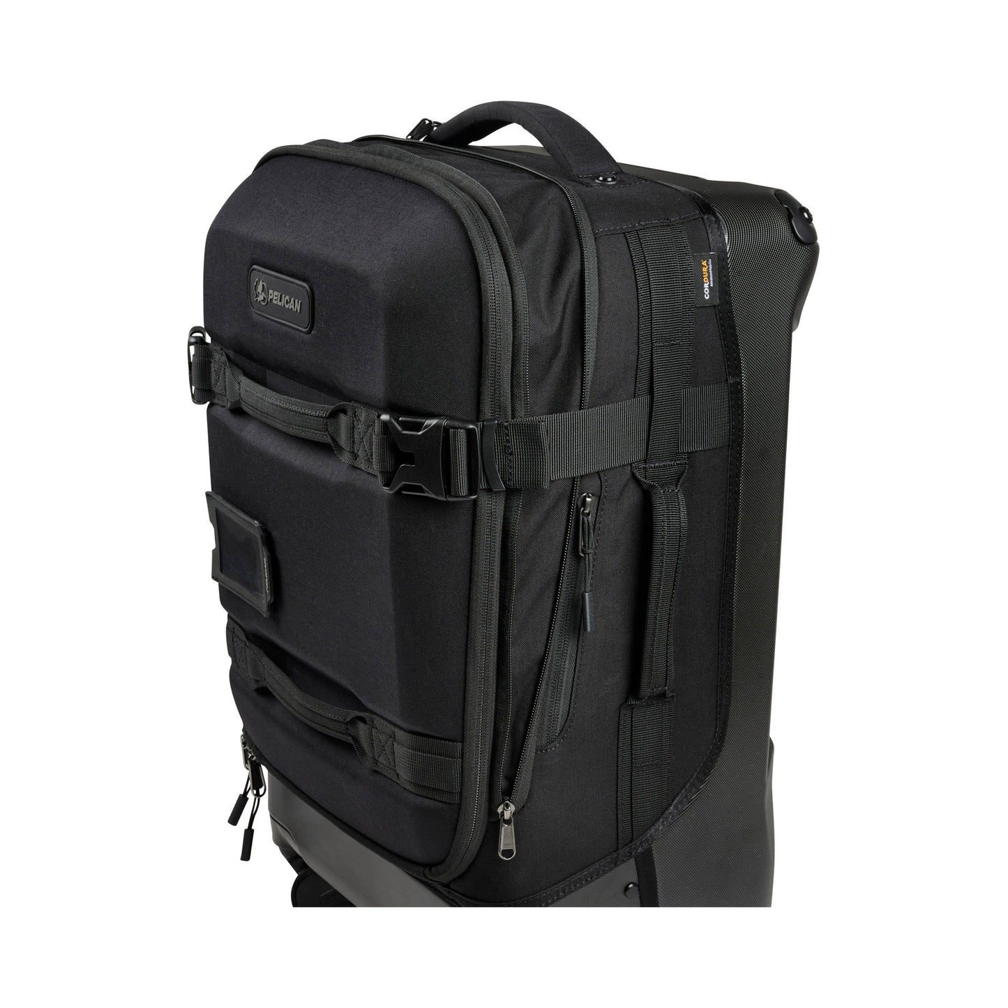 Pelican™ Aegis Carry-on 4-Wheel Hybrid Duffel, black, close up of front angled view.