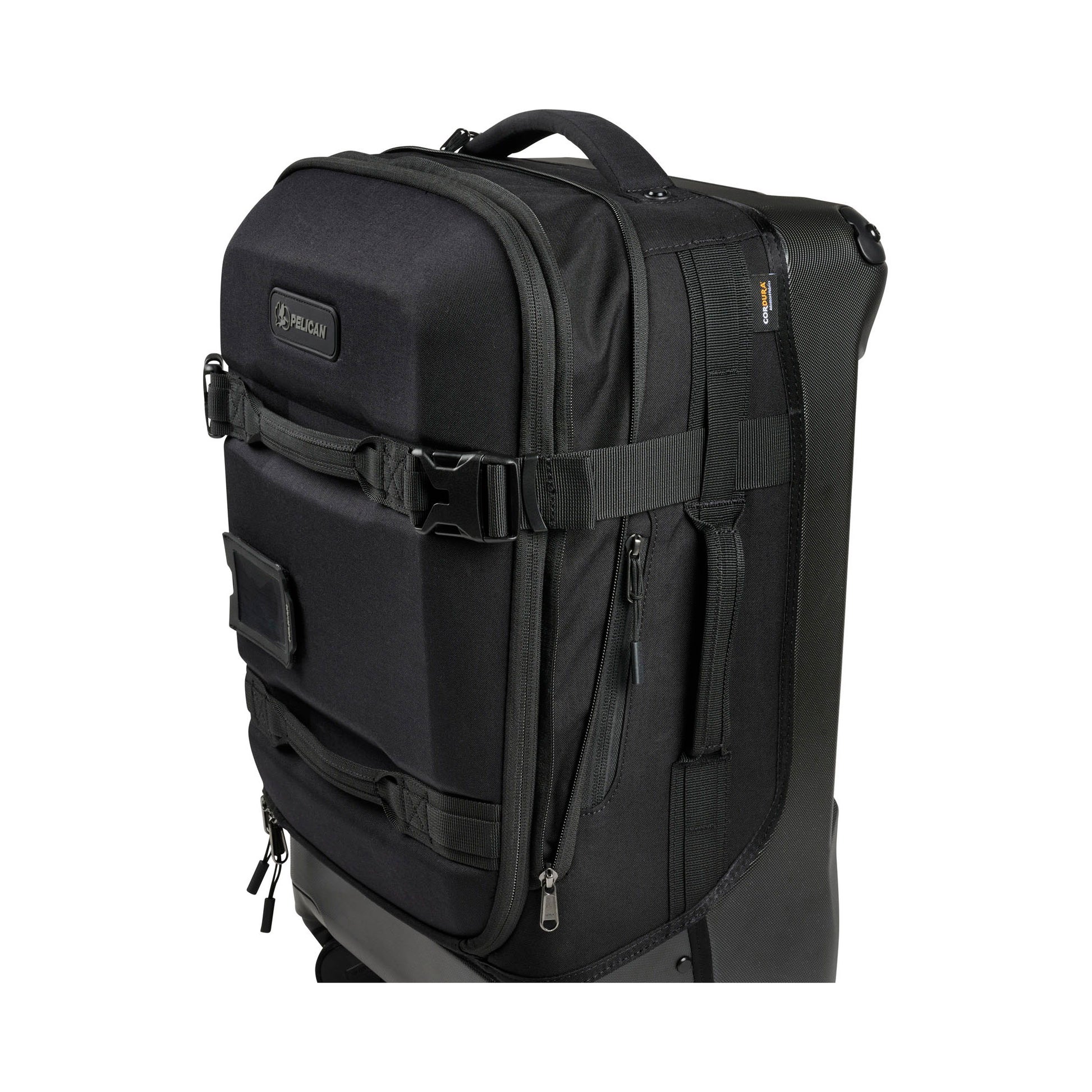 Pelican™ Aegis Carry-on 4-Wheel Hybrid Duffel, black, close up of front angled view.