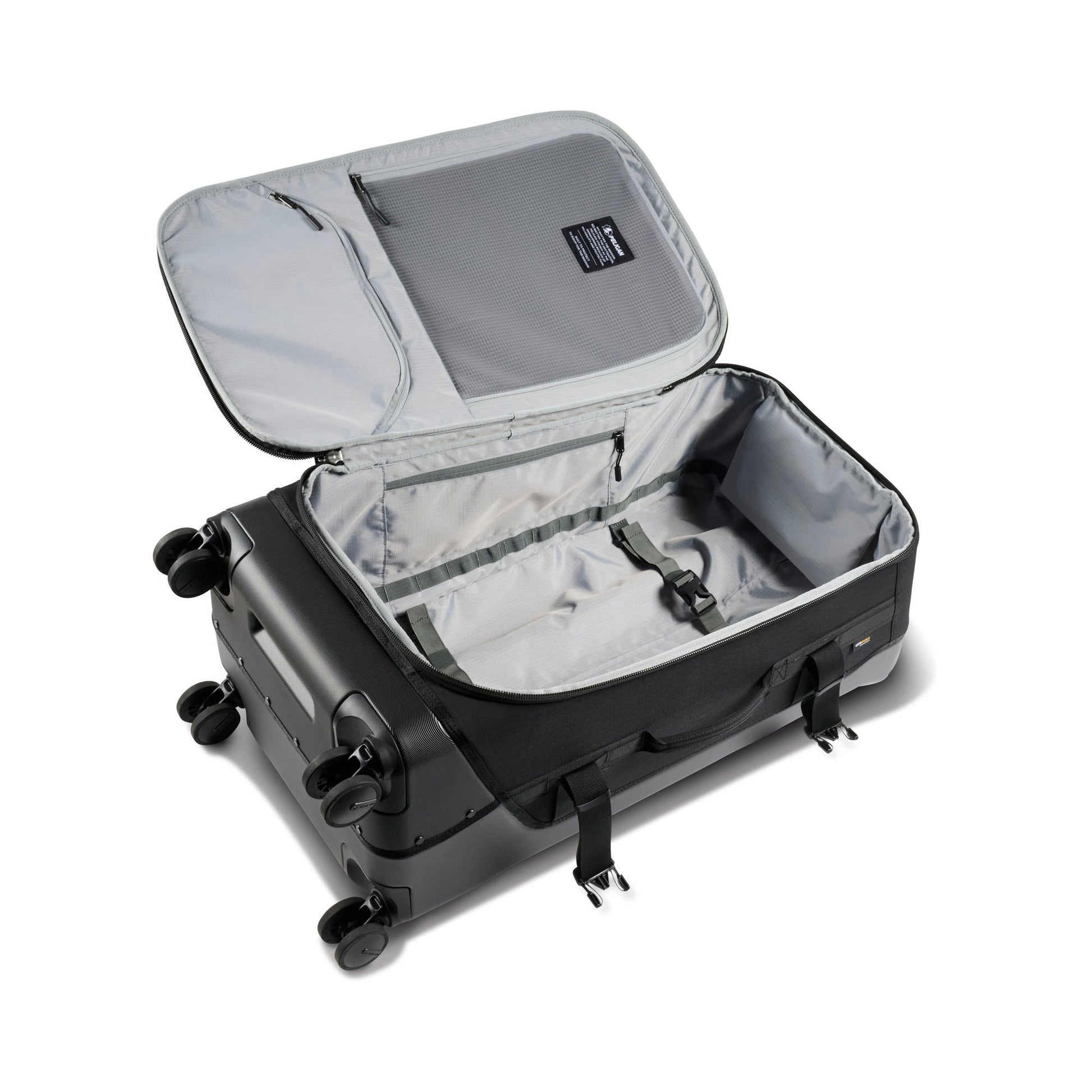 Pelican™ 30" Aegis Check-in 4-Wheel Rolling Hybrid Duffel, black, inside view with mesh lining zipped up.