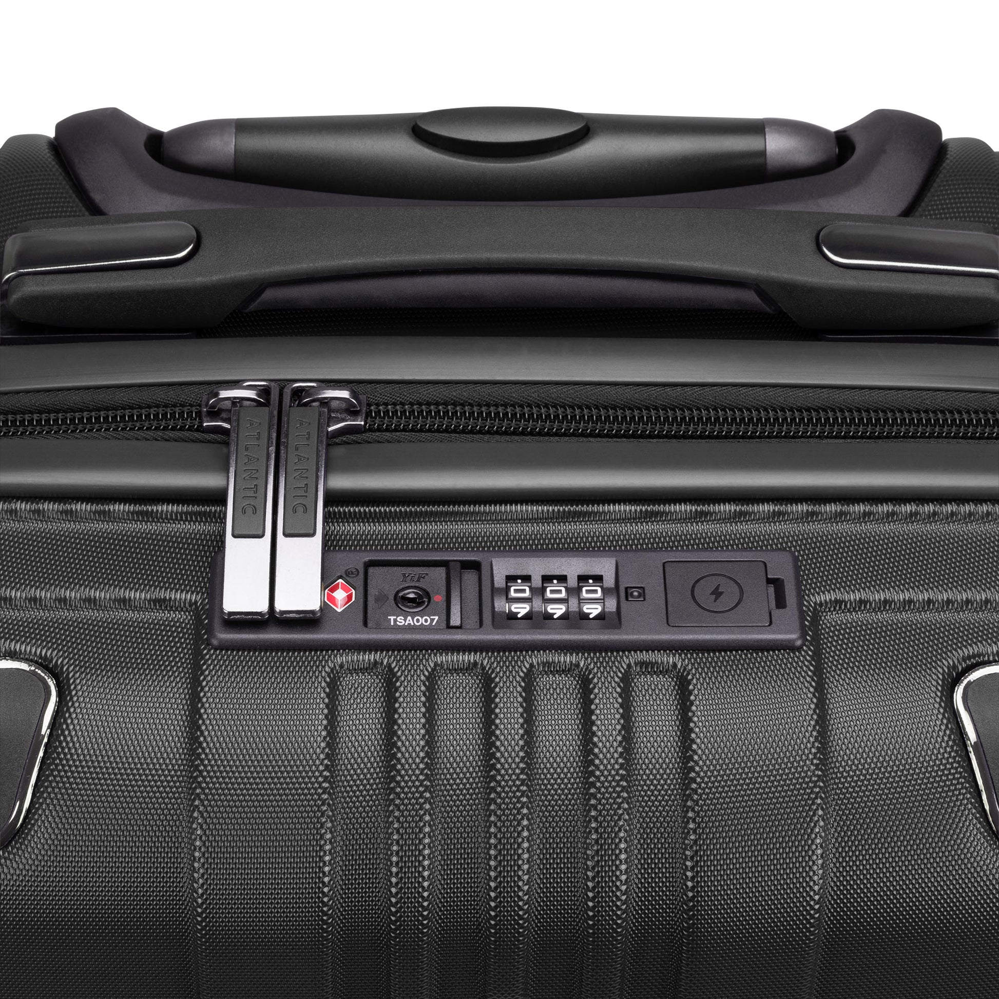 Close up of lockable zipper pulls and TSA lock on black Atlantic Propeller 19" Hardside Spinner Carry-on