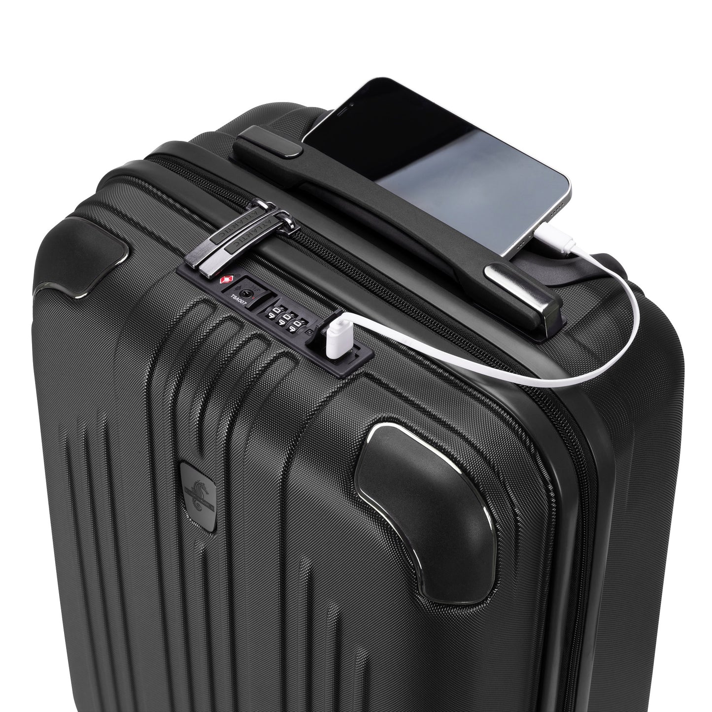 Atlantic Propeller 19" Hardside Spinner Carry-on, black, top view with phone plugged into charger