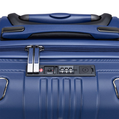 Close up of lockable zipper pulls and TSA lock on dark navy Atlantic Propeller 19" Hardside Spinner Carry-on