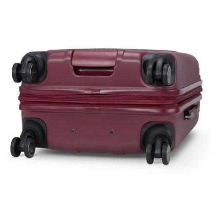 Atlantic Propeller 19″ Spinner Carry-on in maroon with spinner wheels and side handle; includes packing cube.