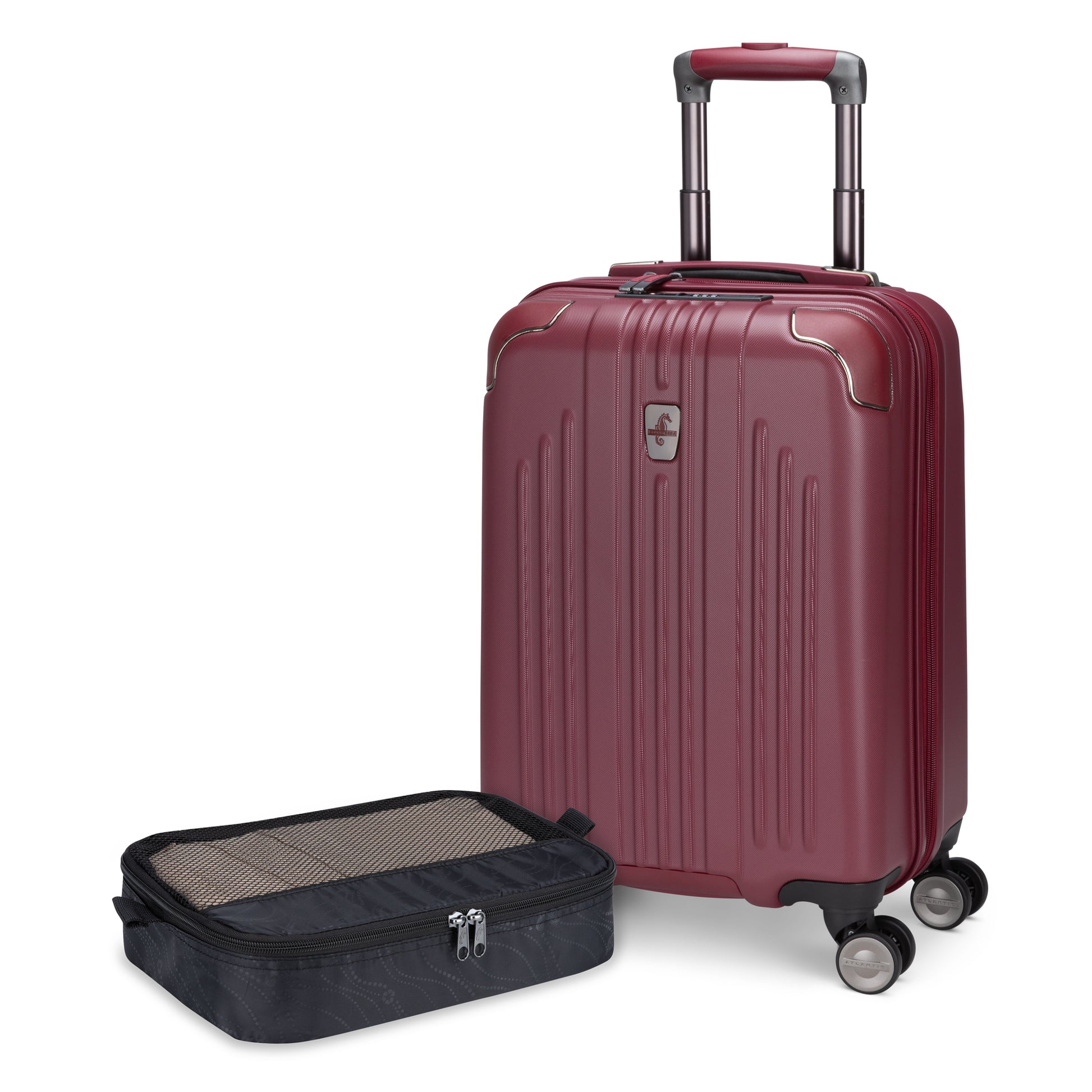 Atlantic Propeller 19″ red hardside carry-on with spinner wheels plus black packing cube by Atlantic.