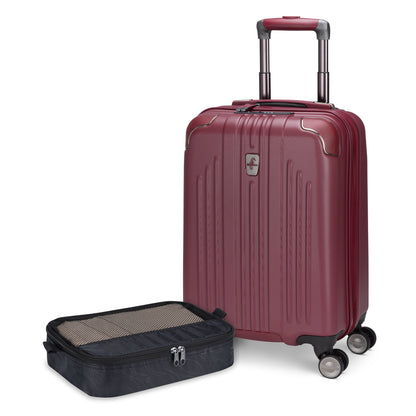 Atlantic Propeller 19″ red hardside carry-on with spinner wheels plus black packing cube by Atlantic.