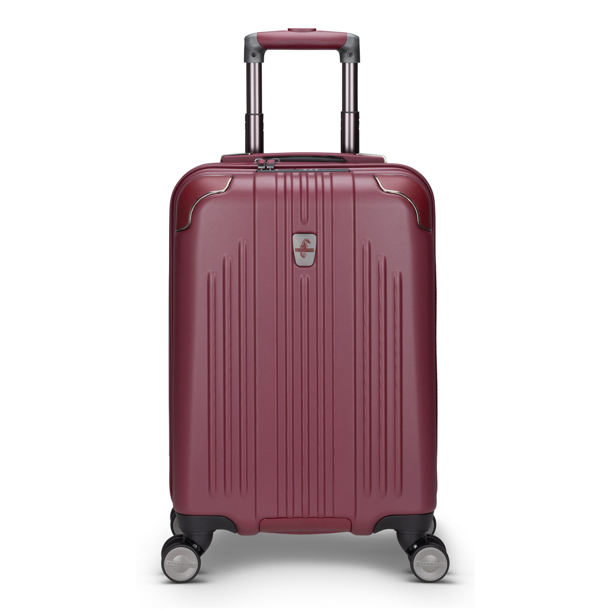 Atlantic Propeller 19″ maroon hardside spinner carry-on with telescopic handle, shown upright.