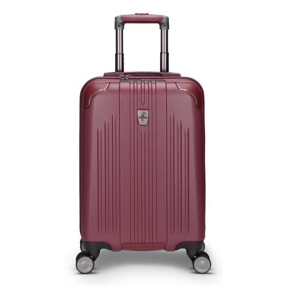 Atlantic Propeller 19″ maroon hardside spinner carry-on with telescopic handle, shown upright.