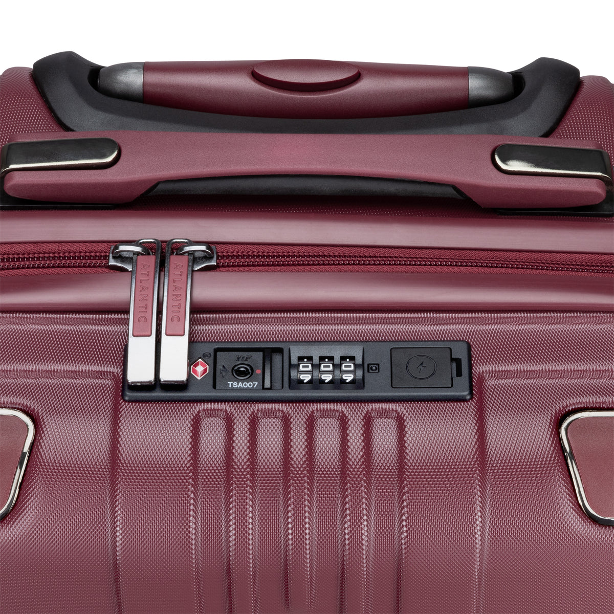 Close-up of the Atlantic Propeller 19″ Hardside Spinner Carry-on with combo lock and two secure zippers.