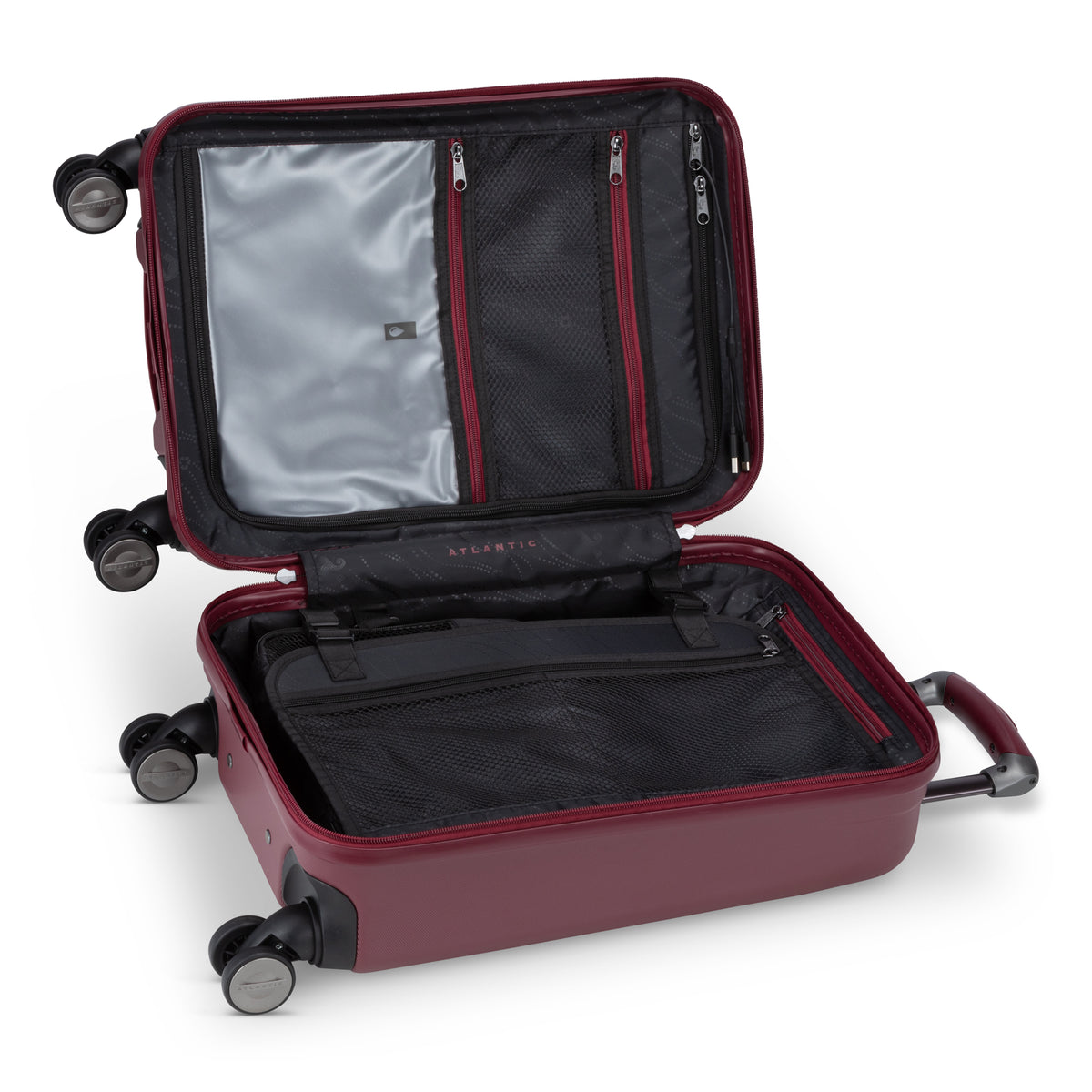 Atlantic Propeller 19″ spinner carry-on: maroon, lightweight, hardside, mesh & zip compartments, packing cube.