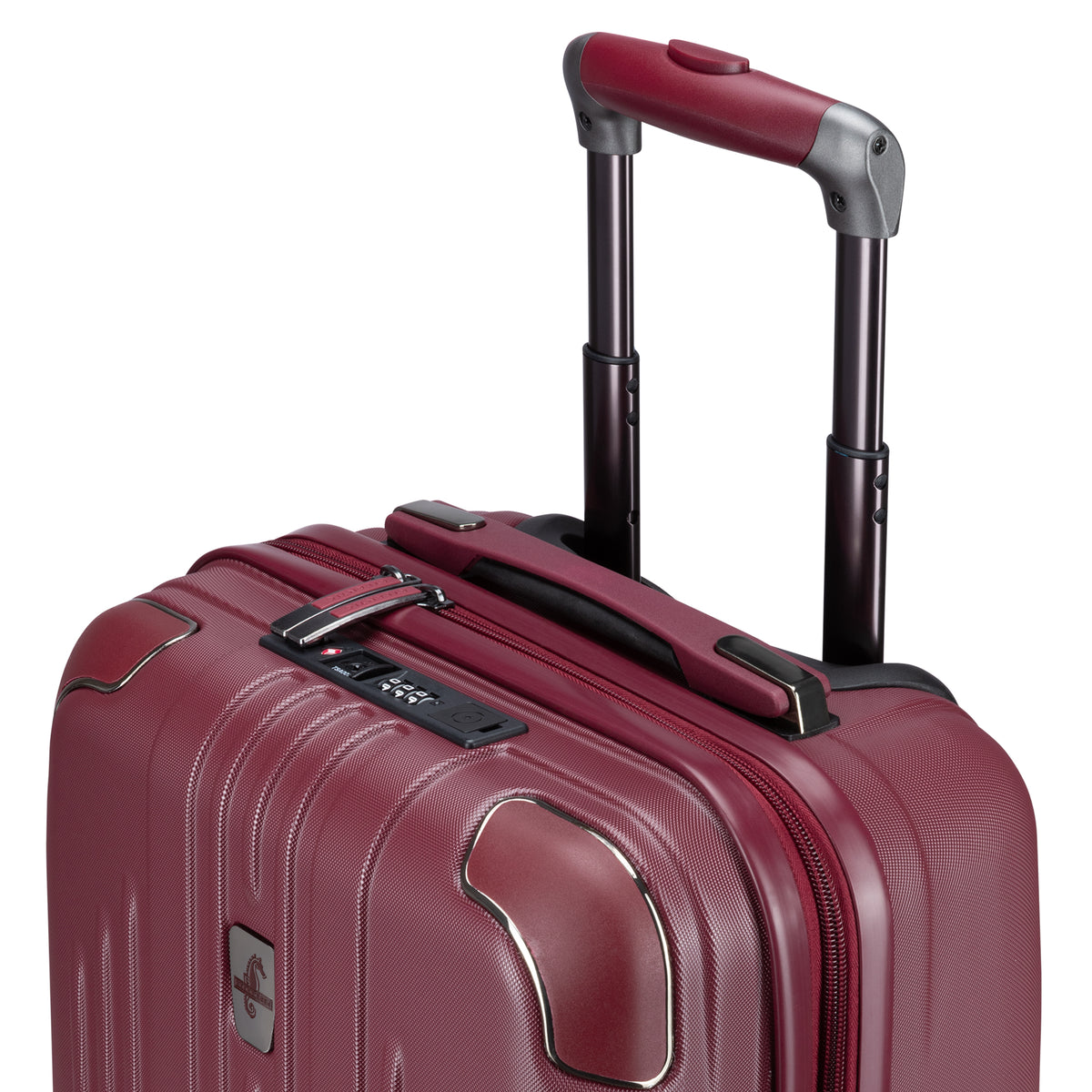 Atlantic Propeller 19″ hard-side carry-on with spinner wheels, telescopic handle, and combo lock.