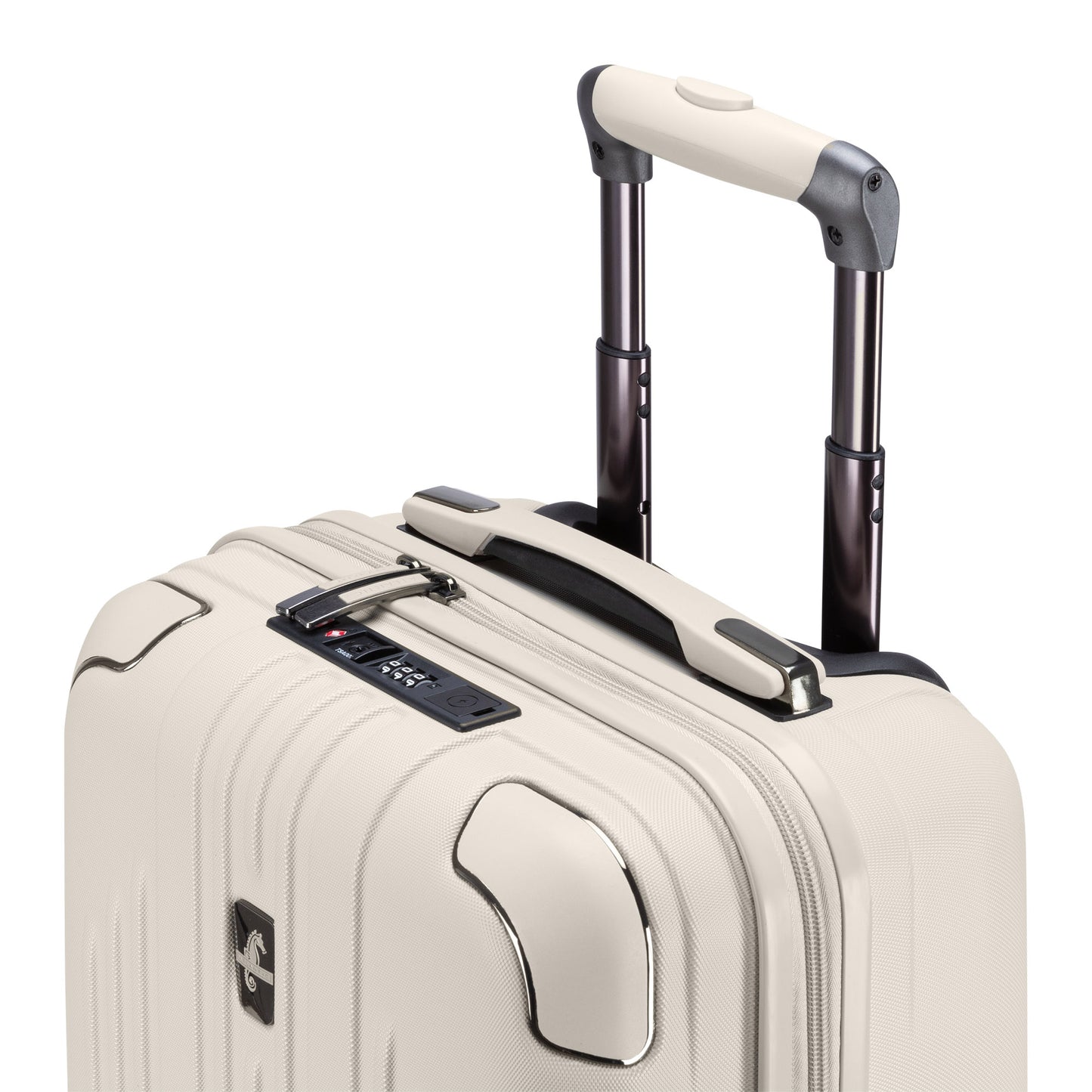 Atlantic Propeller 19" Hardside Spinner Carry-on, pumice stone, top angled view of telescopic handle and top grab handle