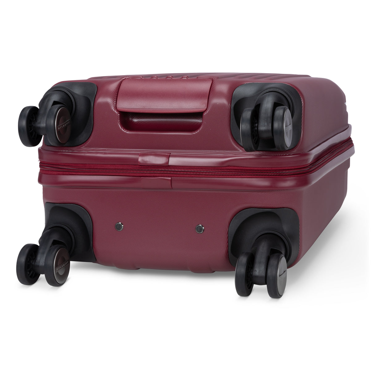 Atlantic Propeller 24″ maroon expandable spinner suitcase with packing cube, shown lying on a white background.