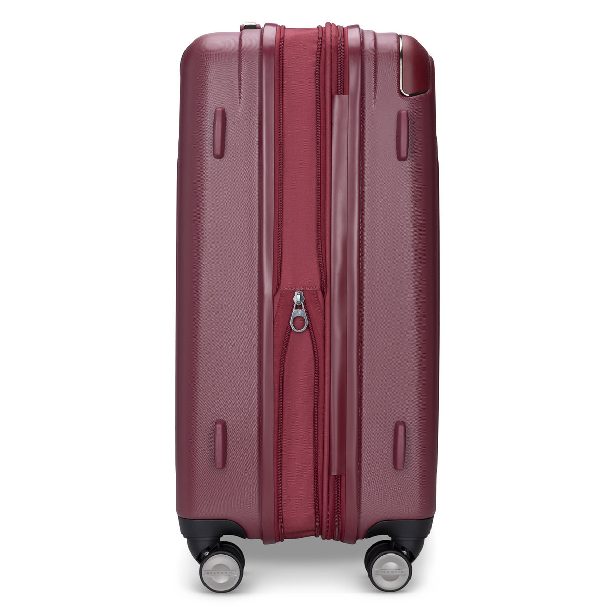 Atlantic Propeller 28″ Hardside Spinner: maroon, 4 wheels, expandable, with packing cube for upright travel.