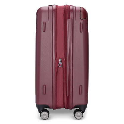 Atlantic Propeller 28″ Hardside Spinner: maroon, 4 wheels, expandable, with packing cube for upright travel.