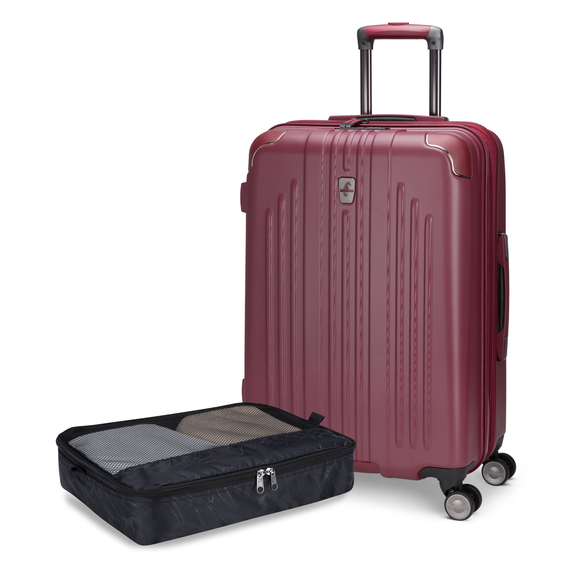 Atlantic Propeller 24″ red spinner suitcase beside its black packing cube, both from Atlantic.