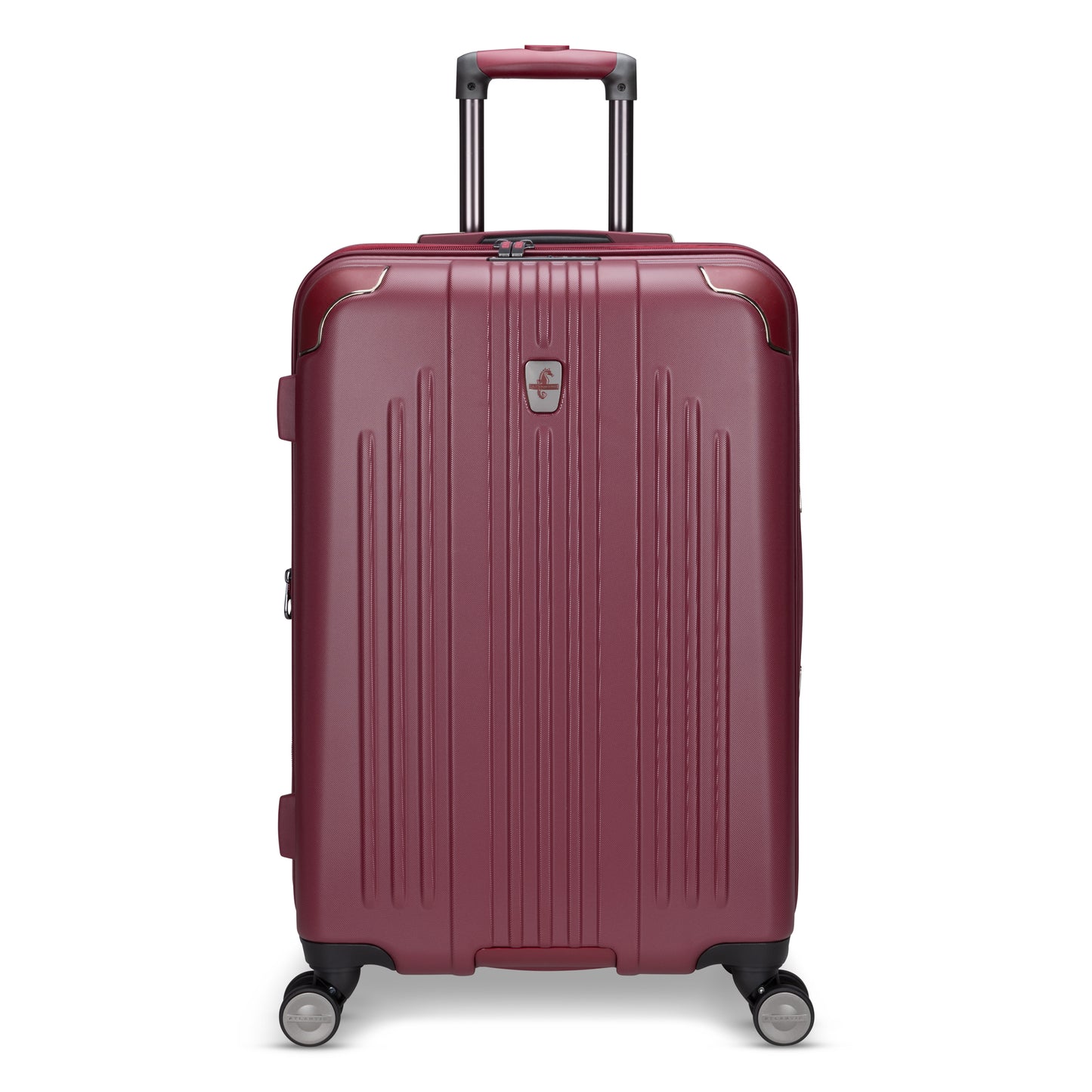 Atlantic Propeller 24″ maroon polycarbonate spinner, medium, upright with 4 wheels & telescopic handle.