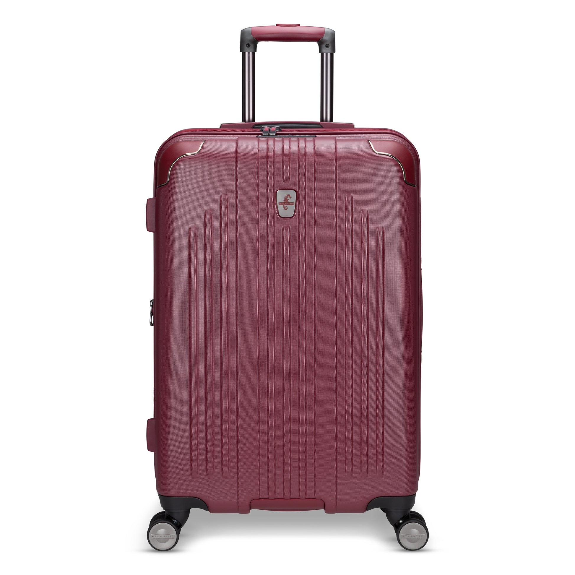 Atlantic Propeller 24″ maroon polycarbonate spinner, medium, upright with 4 wheels & telescopic handle.