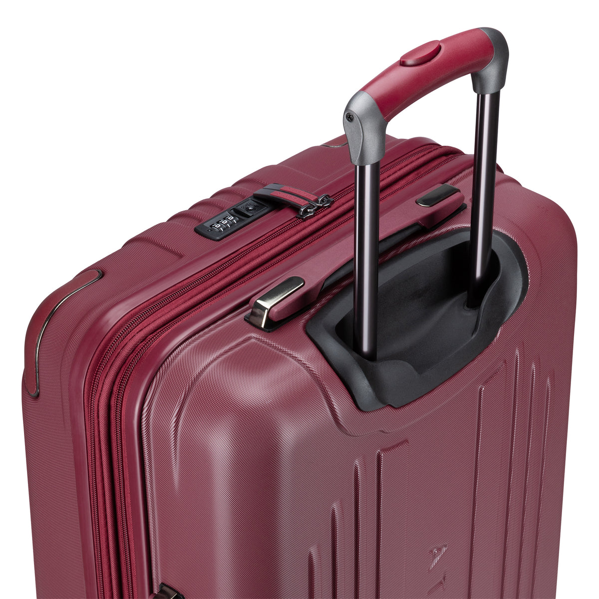 Atlantic Propeller 24″ Hardside Spinner in red, expandable with handle and lock, top view shown.
