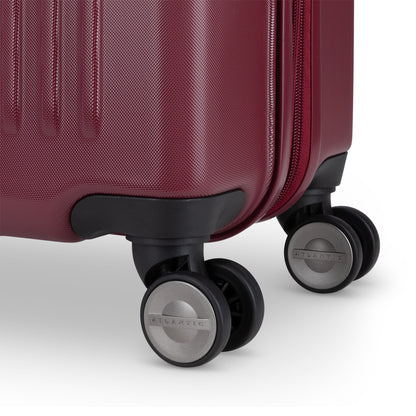 Atlantic Propeller 28″ maroon expandable spinner suitcase with 4 double wheels shown on a white background.